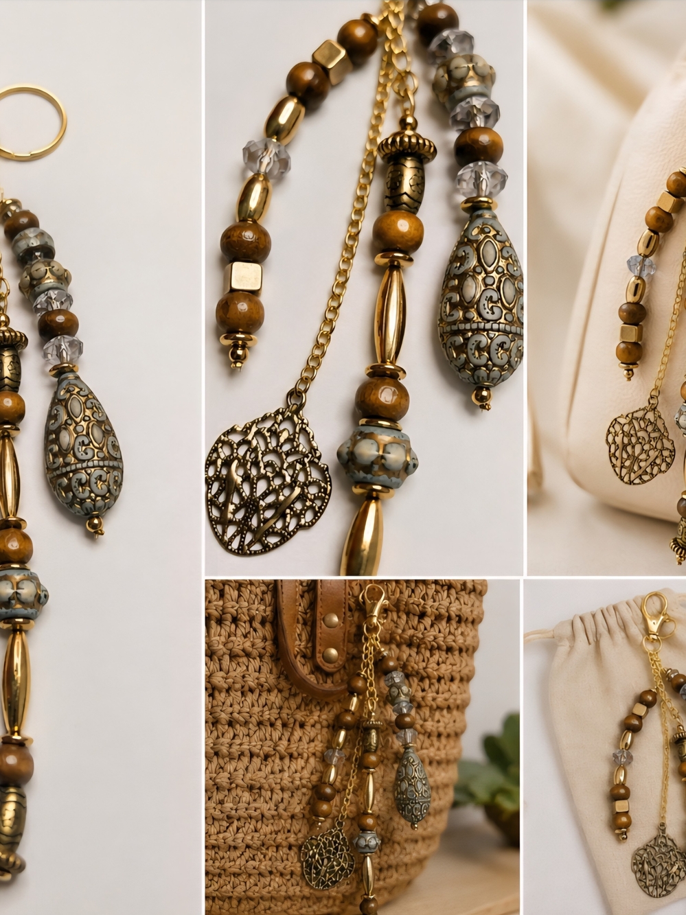 Boho Gold and Brown Beaded Bag Charm/ Key Chain - Women Jewelry